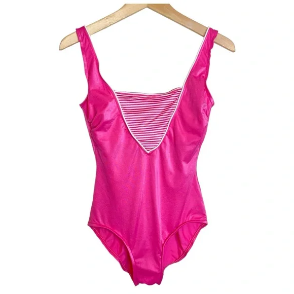 Vintage Retro Barbie Hot Pink Striped One Piece Swimsuit - Picture 1 of 9